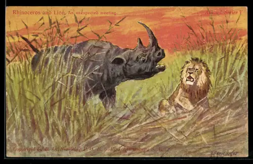 Künstler-AK sign. H. Egersdorfer: Nashorn und Löwe bei unerwarteter Begegnug im hohen Gras