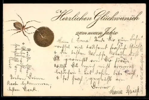 Präge-AK Spinne und goldene Münze, Neujahrsgruss