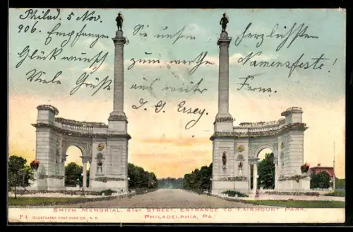 AK Philadelphia, PA, Smith Memorial, 41st street, entrance to Fairmount Park