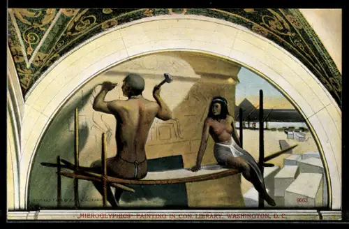 AK Washington D.C., Hieroglyphics painting in Con. Library, man chiseling hieroglyphs next to a barebreasted woman