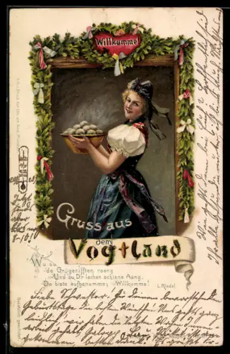 AK Gruss aus dem Vogtland, Frau in Tracht mit Knödeln