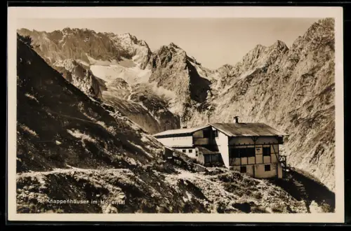 AK Knappenhäuser im Höllental, Aussenansicht der Berghütte, mit Hüttenstempel