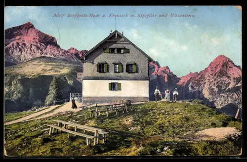 AK Adolf Zoeppritzhaus, Kreuzeckpartie mit Alpspitze und Waxenstein