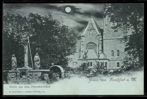 Mondschein-AK Frankfurt a. M., Peterskirchhof, Kirche, Kreuzigungsgruppe