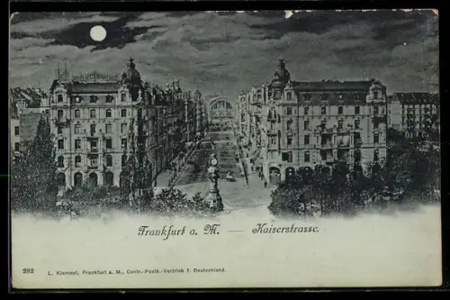 Mondschein-AK Frankfurt a. M., Kaiserstrasse aus der Vogelschau