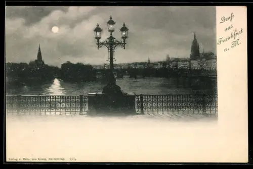 AK Frankfurt a. M., Blick auf Main und Skyline bei Vollmond