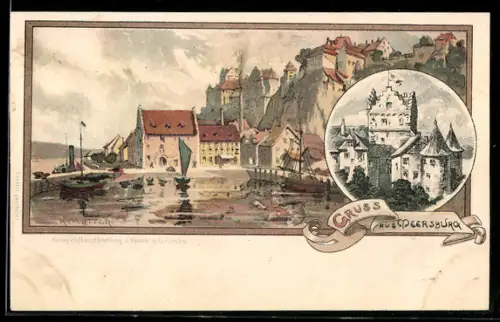 Lithographie Meersburg, Hafen, Schloss, Stadtansicht