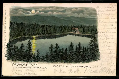 Lithographie Mummelsee /Schwarzwald, Hotel & Luftkurort, Seeansicht bei Vollmond