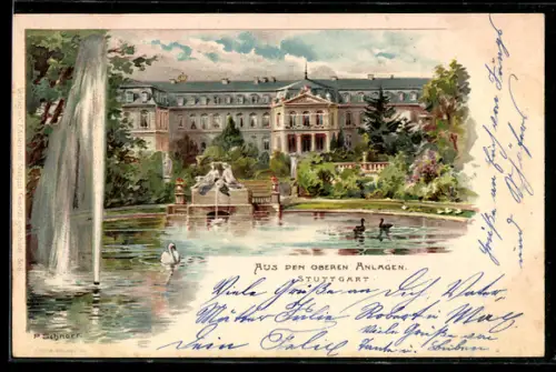 Lithographie Stuttgart, Obere Anlagen, Schloss, Springbrunnen, Teich