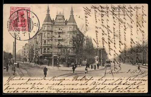 AK Berlin-Charlottenburg, Hotel Bismarck am Knie H. Brüchner, Strassenansicht, Strassenbahn