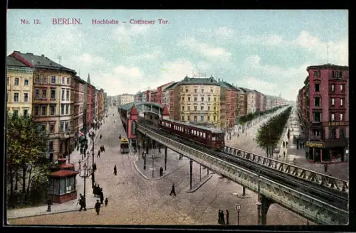 AK Berlin-Kreuzberg, Hochbahn, Cottbuser Tor aus der Vogelschau, Strasenbahn
