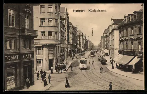 AK Stuttgart, Königstrasse, Strassenbahn, Automat. Cafe