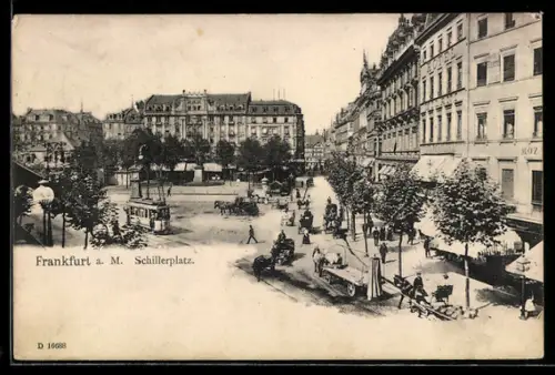 AK Frankfurt a. M., Schillerplatz mit Strassenbahn aus der Vogelschau