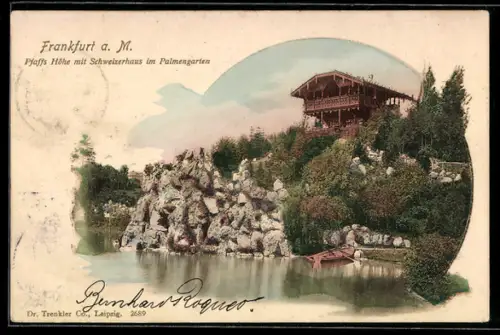 Lithographie Frankfurt-Westend, Pfaffs Höhe mit Schweizerhaus im Palmengarten