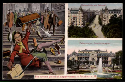 AK Frankfurt a. M., Kaiserstrasse mit Bahnhof, Palmengarten Gesellschaftshaus, Reisende auf Treppe