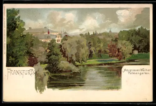Lithographie Frankfurt-Westend, Am grossen Weiher im Palmengarten