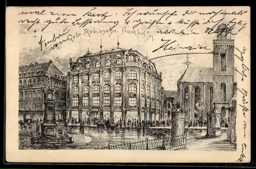 Künstler-AK Frankfurt a. M., Geschäftshaus Gebr. Robinson, Kirche, Platz mit Brunnen