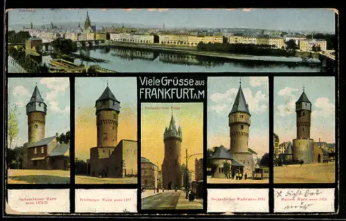 AK Frankfurt a. M., Eschenheimer Turm, Friedberger Warte, Bockenheimer Warte, Stadtpanorama
