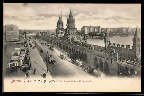 AK Berlin-Friedrichshain, Oberbaumbrücke mit Hochbahn, Panorama aus der Vogelschau