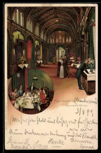Lithographie Hannover, Kasten`s Hotel, Innenansicht Restaurant und Gesellschaftsraum