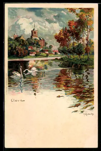 Künstler-AK sign. A. Lüdecke: Cleve, Burg und Park mit Schwanenteich
