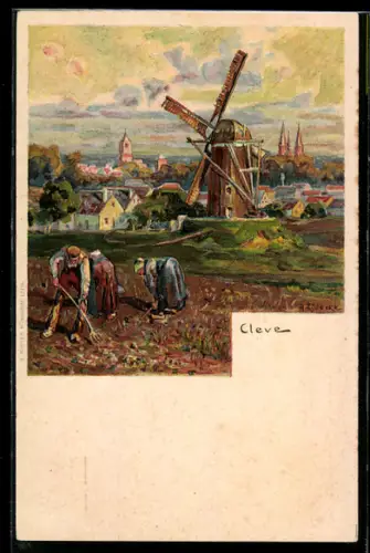 Künstler-AK sign. A. Lüdecke: Cleve, Windmühle, Ortsansicht, arbeitende Bauern