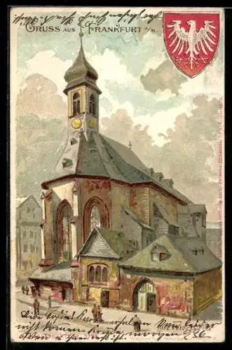 Künstler-AK sign. R. Werner: Frankfurt a. M., Alte Peterskirche mit Turm und Stadtwappen
