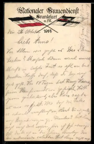 AK Frankfurt a. M., Nationaler Frauendienst, 1914, Flaggenmotiv