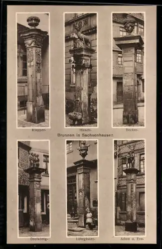 AK Frankfurt am Main-Sachsenhausen, Klapper-, Hirsch-, Becker-, Dreikönigs-, Löhrgassen-, Adam und Eva-Brunnen