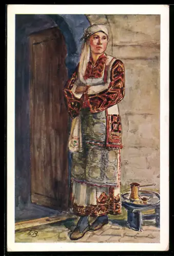 Künstler-AK Dame in Volkstracht Kumavono, Serbien