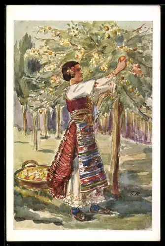 Künstler-AK Frau in Tracht von Beograd bei der Ernte