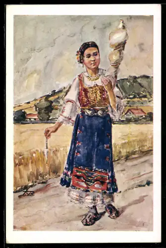 Künstler-AK Dame in Tracht aus Sumadia mit Spindel