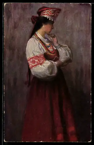 AK Verträumte russische Frau in Tracht