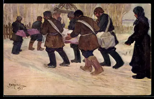 Künstler-AK Maly, Russian burial in the village