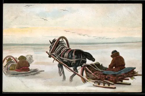 AK Zwei Ponyschlitten mit Fahrern im tiefen Schnee