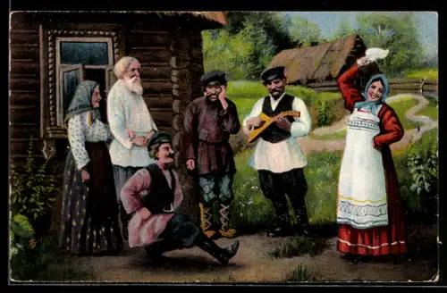 AK Russin in Trachtenkleidung tanzt zu Gitarrenmusik