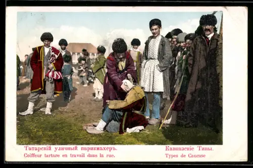 AK Coiffeur tartare en travail dans la rue, Tartarischer Friseur bei der Arbeit