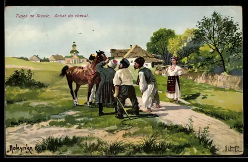 Künstler-AK Russie, Russische Typen, Bauer kauft ein Pferd