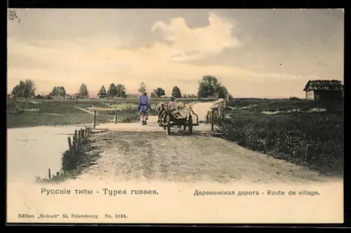 AK Types russes, Route de village, Russen mit Pferdegespann