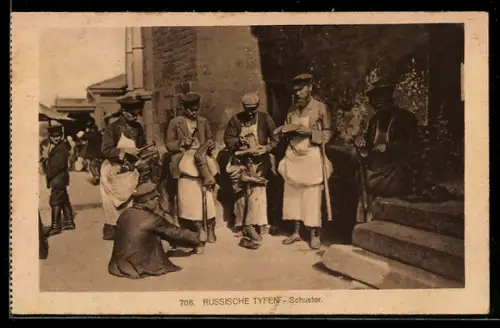AK Russische Schuster vor einem Haus, Mann ohne Beine mit Stiefel