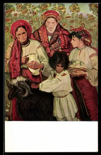 AK Gruppe in ukrainischer Tracht mit Schaf