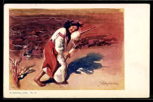 Künstler-AK Russisches Grossmütterchen mit Spinnfäden