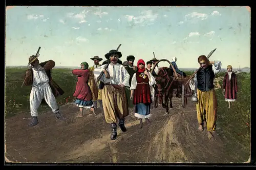 AK Ukrainische Bauern mit einem Ochsenkarren