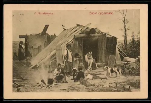AK Sinti und Roma / Zigeuner mit Hund bei ihrer Hütte
