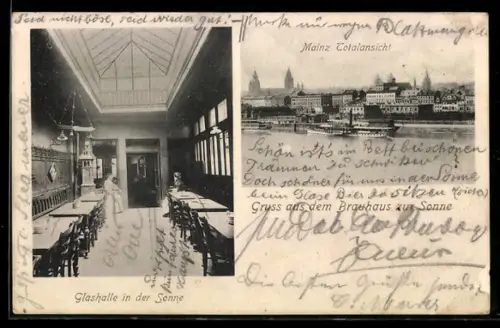 AK Mainz, Gaststätte Brauhaus zur Sonne, Inneres Glashalle in der Sonne, Totalansicht