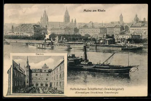 AK Mainz, Gasthaus Hofbräuhaus Schöfferhof-Dreikönigshof, Dampfer an der Anlegestelle