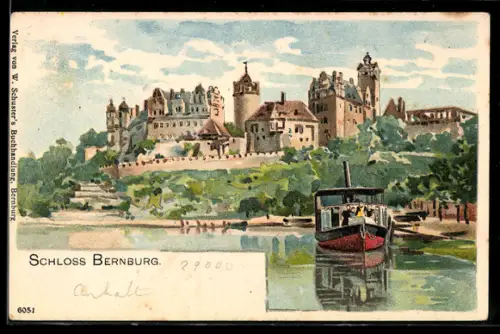 Lithographie Bernburg, Schloss mit Dampfer