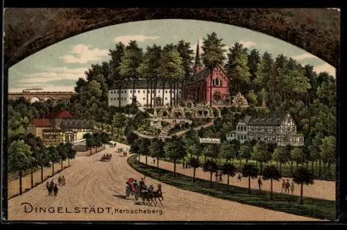 Lithographie Dingelstädt, Kerbscheberg, Pferdekutsche, Gasthof zum Kurhaus, Eisenbahn