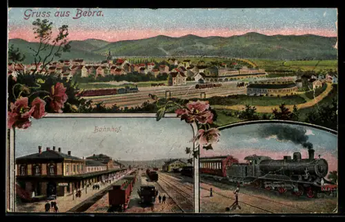 AK Bebra, Bahnhof, Ortsansicht, Lokomotive