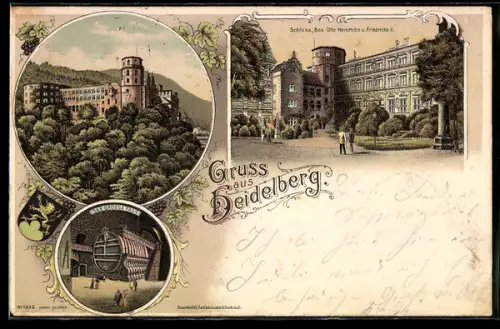 Lithographie Heidelberg, Schloss, Das grosse Fass mit Passanten